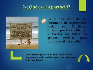 2-¿Qué es el Apartheid?
Es el resultado de un
fenómeno de segregación
racial en Sudáfrica,
dirigido por la raza blanca,
y dividía los diferentes
grupos raciales para
promover el desarrollo.
Cartel en una playa de Durban indicando el
uso reservado de la misma para los miembros
de la raza blanca