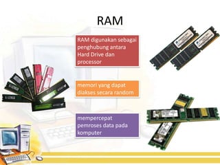 RAM
RAM digunakan sebagai
penghubung antara
Hard Drive dan
processor


memori yang dapat
diakses secara random



mempercepat
pemroses data pada
komputer
 
