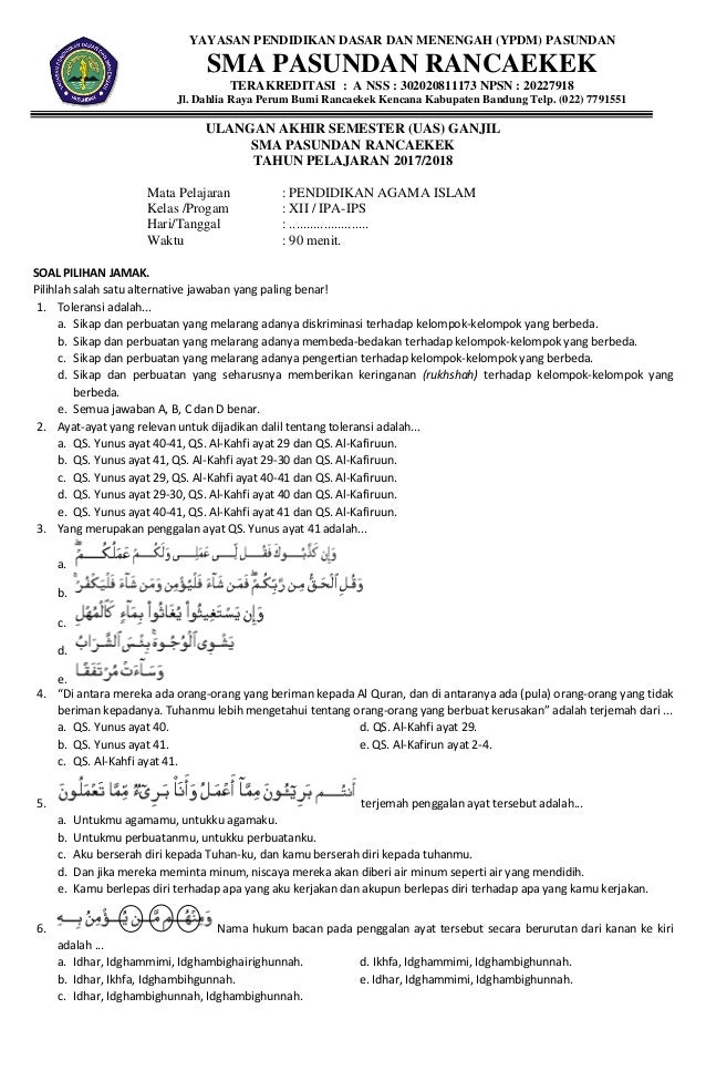 Soal Dan Jawaban Agama Islam Kelas 12 Smk