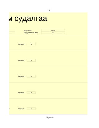 3




хим судалгаа
   33               Мэргэжил                  багш
   эм               төрд ажилсан жил           12




              Хариулт      b




              Хариулт      b




              Хариулт      a




              Хариулт      b




d. Маш сайн   Хариулт      a




                                       Хуудас 88
 