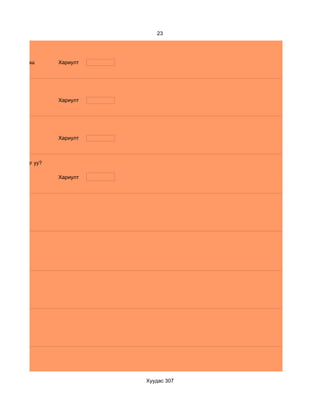 23




 d.5 -аас дээш      Хариулт




                    Хариулт




                    Хариулт



ил таалагддаг уу?

                    Хариулт




                              Хуудас 307
 