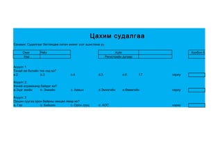 Цахим судалгаа
Санамж: Судалгааг бөглөхдөө латин жижиг үсэг ашиглана уу.

     Овог       Halu                                             Хүйс                        Холбоо барих утас
     Нэр                                                   Регистрийн дугаар


Асуулт 1
Танай ам бүлийн тоо хэд вэ?
a.2              b.3               c.4               d.5             e.6       f.7   хариу

Асуулт 2.
Хэний асрамжинд байдаг вэ?
a.Эцэг эхийн   b. Ээжийн           c. Аавын          d.Эмээгийн      e.Өвөөгийн      хариу

Асуулт 3
Оршин суугаа орон байрны нөхцөл ямар вэ?
a. Гэр          b. Байшин         c. Орон сууц       d. АОС                          хариу
 