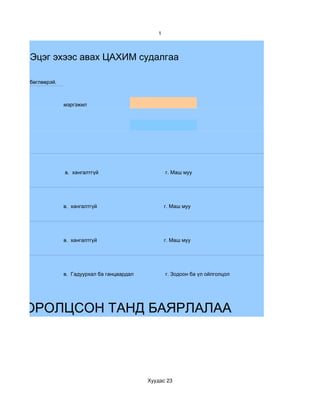 1



            Эцэг эхээс авах ЦАХИМ судалгаа

жижиг үсгээр бөглөөрэй.



                          мэргэжил




                          в. хангалтгүй                       г. Маш муу




                          в. хангалтгүй                       г. Маш муу




                          в. хангалтгүй                       г. Маш муу




                          в. Гадуурхал ба ганцаардал          г. Зодоон ба үл ойлголцол




АНД ОРОЛЦСОН ТАНД БАЯРЛАЛАА




                                                       Хуудас 23
 