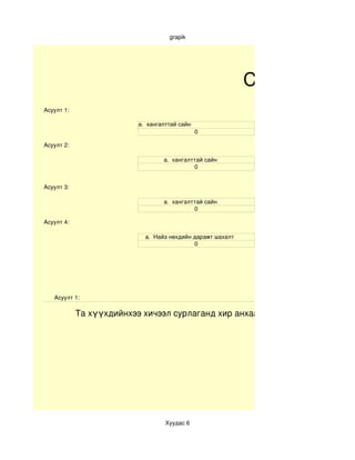 grapik




                                                                Судалгааны н
Асуулт 1:

                          а. хангалттай сайн
                                               0

Асуулт 2:

                                  а.  хангалттай сайн       
                                             0


Асуулт 3:

                                  а.  хангалттай сайн       
                                             0

Асуулт 4:

                            а.  Найз нөхдийн дарамт шахалт        
                                             0




   Асуулт 1:

            Та хүүхдийнхээ хичээл сурлаганд хир анхаардаг вэ?




                                   Хуудас 6
 