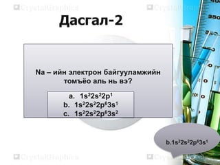 Дасгал-2


Na – ийн электрон байгууламжийн
       томъёо аль нь вэ?

        a. 1s22s22p1
      b. 1s22s22p63s1
      c. 1s22s22p63s2


                                  b.1s22s22p63s1
 
