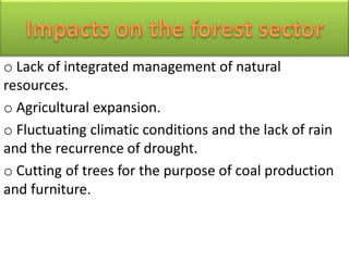 o Lack of integrated management of natural
resources.
o Agricultural expansion.
o Fluctuating climatic conditions and the lack of rain
and the recurrence of drought.
o Cutting of trees for the purpose of coal production
and furniture.
 