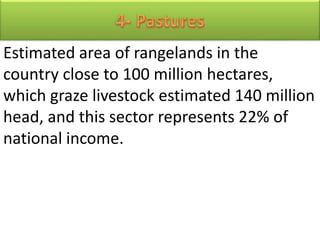 Estimated area of ​​rangelands in the
country close to 100 million hectares,
which graze livestock estimated 140 million
head, and this sector represents 22% of
national income.
 