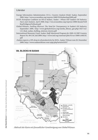 Literatur

                                                                                      Energy Information Administration (U.S.), Country Analysis Briefs: Sudan, September
                                                                                          2009, http://www.ecosonline.org/reprots/2009/EIASudanSept2009.pdf
                                                                                      ECOS (European Coalition on Oil in Sudan), Sudan – Whose Oil? Sudan’s Oil Industry.
                                                                                          Facts and Analysis, April 2008, http://ww.ecosonline.org/reprots/2008/dossier%20
                                                                                          final%20groot%20web.pdf
                                                                                      Global Witness, Fuelling Mistrust: The Need for Transparency in Sudan’s Oil Industry,
                                                                                          September 2009, http://www.globalwitness.org/media_library_get.php/1027/en/
                                                                                          v12_final_sudan_fuelling_mistrust_lowres.pdf
                                                                                      International Monetary Fund, Sudan: Staff-Monitored Program for 2009-10, IMF Country
                                                                                          Report No. 09/218, Juli 2009, http://www.imf.org/extrenal/pibs/ft/scr/2009/cr09218.
                                                                                          pdf
                                                                                      «Sudan expects a 10% drop in oil productivity by 2019», Sudan Tribune vom 20. Dezember
                                                                                          2009, http://www.sudantribune.com/spip.php?article33557
axel harneit-Sievers Öl im Sudan: Motor des Konflikts oder Motor der Entwicklung?




                                                                                    Abdruck der Karte mit freundlicher Genehmigung von Global Witness


                                                                                                                                                                                99
 