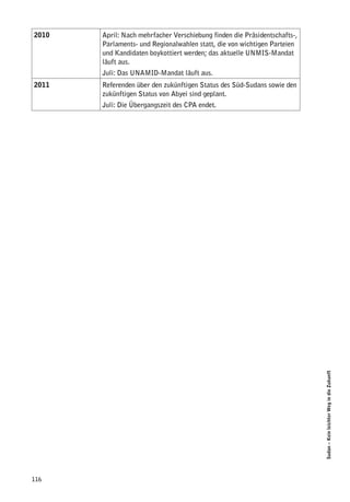 2010   April: Nach mehrfacher Verschiebung finden die Präsidentschafts-,
       Parlaments- und Regionalwahlen statt, die von wichtigen Parteien
       und Kandidaten boykottiert werden; das aktuelle UNMIS-Mandat
       läuft aus.
       Juli: Das UNAMID-Mandat läuft aus.
2011   Referenden über den zukünftigen Status des Süd-Sudans sowie den
       zukünftigen Status von Abyei sind geplant.
       Juli: Die Übergangszeit des CPA endet.




                                                                           Sudan – Kein leichter Weg in die Zukunft




116
 