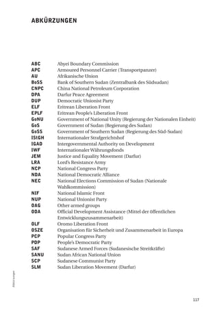 aBKÜrZungen




              aBc     Abyei Boundary Commission
              aPc     Armoured Personnel Carrier (Transportpanzer)
              au      Afrikanische Union
              BoSS    Bank of Southern Sudan (Zentralbank des Südsudan)
              cnPc    China National Petroleum Corporation
              dPa     Darfur Peace Agreement
              duP     Democratic Unionist Party
              elf     Eritrean Liberation Front
              ePlf    Eritrean People’s Liberation Front
              gonu    Government of National Unity (Regierung der Nationalen Einheit)
              goS     Government of Sudan (Regierung des Sudan)
              goSS    Government of Southern Sudan (Regierung des Süd-Sudan)
              iStgh   Internationaler Strafgerichtshof
              igad    Intergovernmental Authority on Development
              iWf     Internationaler Währungsfonds
              Jem     Justice and Equality Movement (Darfur)
              lra     Lord’s Resistance Army
              ncP     National Congress Party
              nda     National Democratic Alliance
              nec     National Elections Commission of Sudan (Nationale
                      Wahlkommission)
              nif     National Islamic Front
              nuP     National Unionist Party
              oag     Other armed groups
              oda     Official Development Assistance (Mittel der öffentlichen
                      Entwicklungszusammenarbeit)
              olf     Oromo Liberation Front
              oSZe    Organisation für Sicherheit und Zusammenarbeit in Europa
              PcP     Popular Congress Party
              PdP     People’s Democratic Party
              Saf     Sudanese Armed Forces (Sudanesische Streitkräfte)
              Sanu    Sudan African National Union
              ScP     Sudanese Communist Party
              Slm     Sudan Liberation Movement (Darfur)
Abkürzungen




                                                                                   117
 