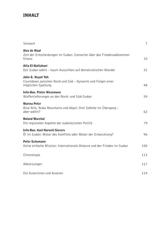 inhalt




Vorwort                                                                     7

alex de Waal
Zeit der Entscheidungen im Sudan: Szenarien über das Friedensabkommen
hinaus                                                                     10

atta el-Battahani
Der Sudan wählt – kaum Aussichten auf demokratischen Wandel                31

John g. nuyot Yoh
Countdown zwischen Nord und Süd – Dynamik und Folgen einer
möglichen Spaltung                                                         48

info-Box: Pieter Wezemann
Waffenlieferungen an den Nord- und Süd-Sudan                               59

marina Peter
Blue Nile, Nuba Mountains und Abyei: Drei Gebiete im Übergang –
aber wohin?                                                                62

roland marchal
Die regionalen Aspekte der sudanesischen Politik                           79

info-Box: axel harneit-Sievers
Öl im Sudan: Motor des Konflikts oder Motor der Entwicklung?               96

Peter Schumann
Keine einfache Mission: Internationale Akteure und der Frieden im Sudan   100

Chronologie                                                               113

Abkürzungen                                                               117

Die Autorinnen und Autoren                                                119
 