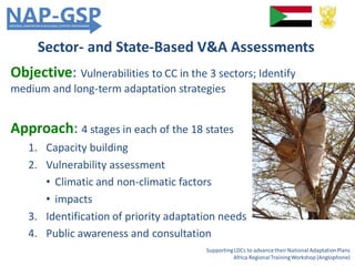 Sector- and State-Based V&A Assessments
SupportingLDCs to advancetheir National AdaptationPlans
Africa RegionalTrainingWorkshop (Anglophone)
Objective: Vulnerabilities to CC in the 3 sectors; Identify
medium and long-term adaptation strategies
Approach: 4 stages in each of the 18 states
1. Capacity building
2. Vulnerability assessment
• Climatic and non-climatic factors
• impacts
3. Identification of priority adaptation needs
4. Public awareness and consultation
 