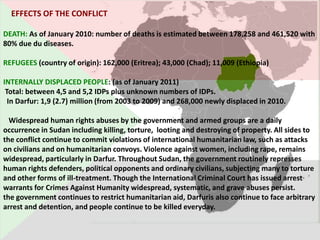 EFFECTS OF THE CONFLICT

DEATH: As of January 2010: number of deaths is estimated between 178,258 and 461,520 with
80% due du diseases.

REFUGEES (country of origin): 162,000 (Eritrea); 43,000 (Chad); 11,009 (Ethiopia)

INTERNALLY DISPLACED PEOPLE: (as of January 2011)
 Total: between 4,5 and 5,2 IDPs plus unknown numbers of IDPs.
  In Darfur: 1,9 (2.7) million (from 2003 to 2009) and 268,000 newly displaced in 2010.

  Widespread human rights abuses by the government and armed groups are a daily
occurrence in Sudan including killing, torture, looting and destroying of property. All sides to
the conflict continue to commit violations of international humanitarian law, such as attacks
on civilians and on humanitarian convoys. Violence against women, including rape, remains
widespread, particularly in Darfur. Throughout Sudan, the government routinely represses
human rights defenders, political opponents and ordinary civilians, subjecting many to torture
and other forms of ill-treatment. Though the International Criminal Court has issued arrest
warrants for Crimes Against Humanity widespread, systematic, and grave abuses persist.
the government continues to restrict humanitarian aid, Darfuris also continue to face arbitrary
arrest and detention, and people continue to be killed everyday.
 