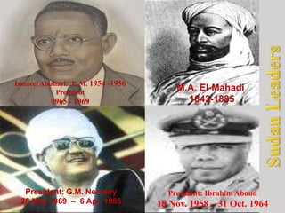2/12/2015 16
President: Ibrahim Aboud
18 Nov. 1958 – 31 Oct. 1964
M.A. El-Mahadi
1843-1885
President: G.M. Nemairy
25 May 1969 – 6 Apr. 1985
Ismaeel Alazhari: P. M. 1954 -1956
President
1965 - 1969
 