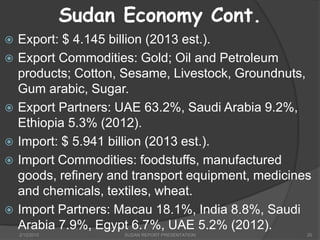 Sudan Economy Cont.
 Export: $ 4.145 billion (2013 est.).
 Export Commodities: Gold; Oil and Petroleum
products; Cotton, Sesame, Livestock, Groundnuts,
Gum arabic, Sugar.
 Export Partners: UAE 63.2%, Saudi Arabia 9.2%,
Ethiopia 5.3% (2012).
 Import: $ 5.941 billion (2013 est.).
 Import Commodities: foodstuffs, manufactured
goods, refinery and transport equipment, medicines
and chemicals, textiles, wheat.
 Import Partners: Macau 18.1%, India 8.8%, Saudi
Arabia 7.9%, Egypt 6.7%, UAE 5.2% (2012).
2/12/2015 SUDAN REPORT PRESENTATION 20
 