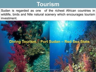 Tourism
Sudan is regarded as one of the richest African countries in
wildlife, birds and Nile natural scenery which encourages tourism
investment.
2/12/2015 SUDAN REPORT PRESENTATION 26
 