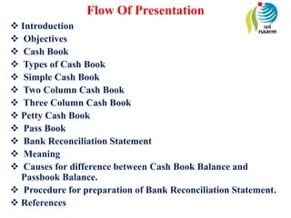 Flow Of Presentation
 Introduction
 Objectives
 Cash Book
 Types of Cash Book
 Simple Cash Book
 Two Column Cash Book
 Three Column Cash Book
 Petty Cash Book
 Pass Book
 Bank Reconciliation Statement
 Meaning
 Causes for difference between Cash Book Balance and
Passbook Balance.
 Procedure for preparation of Bank Reconciliation Statement.
 References
 