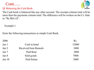 Cont.….
 Balancing the Cash Book
The Cash book is balanced like any other account. The receipts column total will be
more than the payments column total. The difference will be written on the Cr. Side
as “By Bal c/d”.
Example 1
Enter the following transactions in simple Cash Book.
2006 Rs.
Jan 1 Cash in hand 12000
Jan 5 Received from Ramesh 3000
Jan 7 Paid Rent 3000
Jan 8 Sold goods 7000
Jan 10 Paid Sohan 2000
 