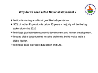 Why do we need a 2nd National Movement ?

 Nation is missing a national goal like independence.
 55% of Indian Population is below 25 years – majority will be the key
 stakeholders by 2020
To bridge gap between economic development and human development.
To grab global opportunities to solve problems and to make India a
 global leader.
To bridge gaps in present Education and Life.
 