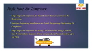 .Single Stage Air Compressor.
Single Stage Air Compressors Are Meant For Low Pressure Compressed Air
Requirement.
Sudarshan Engineering Manufactures Air Cooled, Reciprocating, Single Acting Air
Compressors.
Single Stage Air Compressors Are Mainly Used In Powder Coating, Chemicals,
Dyes & Intermediates Industries. Where Compressed Air Pressure Required Up-to
100 PSIG.
 