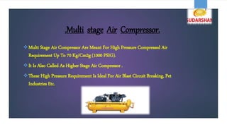 .Multi stage Air Compressor.
Multi Stage Air Compressor Are Meant For High Pressure Compressed Air
Requirement Up To 70 Kg/Cm2g (1000 PSIG).
It Is Also Called As Higher Stage Air Compressor .
These High Pressure Requirement Is Ideal For Air Blast Circuit Breaking, Pet
Industries Etc.
 