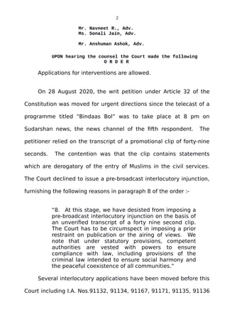 2
Mr. Navneet R., Adv.
Ms. Sonali Jain, Adv.
Mr. Anshuman Ashok, Adv.
UPON hearing the counsel the Court made the followin...