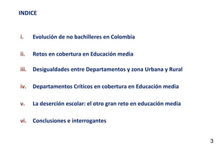INDICE

i.

Evolución de no bachilleres en Colombia

ii.

Retos en cobertura en Educación media

iii.

Desigualdades entre Departamentos y zona Urbana y Rural

iv.

Departamentos Críticos en cobertura en Educación media

v.

La deserción escolar: el otro gran reto en educación media

vi.

Conclusiones e interrogantes
3

 