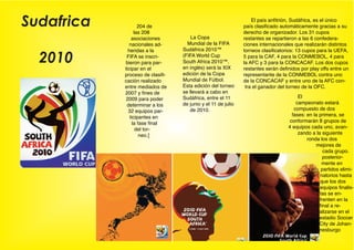 Sudafrica           204 de
                                                                  El país anfitrión, Sudáfrica, es el único
                                                              país clasificado automáticamente gracias a su
                  las 208                                     derecho de organizador. Los 31 cupos
                asociaciones          La Copa                 restantes se repartieron a las 6 confedera-



  2010
               nacionales ad-       Mundial de la FIFA        ciones internacionales que realizarán distintos
              heridas a la        Sudáfrica 2010™             torneos clasificatorios: 13 cupos para la UEFA,
             FIFA se inscri-      (FIFA World Cup             5 para la CAF, 4 para la CONMEBOL, 4 para
            bieron para par-      South Africa 2010™,         la AFC y 3 para la CONCACAF. Los dos cupos
            ticipar en el         en inglés) será la XIX      restantes serán definidos por 