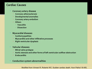 Cardiac Causes
   Coronary artery disease
    ▪ Coronary atherosclerosis
    ▪ Developmental anomalies
    ▪ Coronary artery embolism
    ▪ Others
       ▪ Vasculitis
       ▪ Dissection

   Myocardial diseases
    ▪ Cardiomyopathies
    ▪ Myocarditis and other infiltrative processes
    ▪ Right ventricular dysplasis

   Valvular diseases
    ▪ Mitral valve prolapse
    ▪ Aortic stenosis and other forms of left ventricular outflow obstruction
    ▪ Endocarditis

   Conduction system abnormalities


               Modified from Virmani R, Roberts WC: Sudden cardiac death. Hum Pathol 18:485,
 