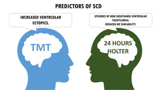 PREDICTORS OF SCD
TMT
24 HOURS
HOLTER
EPISODES OF NON SUSUTAINED VENTRCULAR
TACHYCARDIA.
REDUCED HR VARIABILITY.
INCREASED VENTRCULAR
ECTOPICS.
 