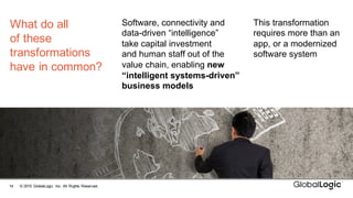14 ©  2015   GlobalLogic Inc.  All  Rights  Reserved.
What  do  all
of  these  
transformations  
have  in  common?
Software,  connectivity  and  
data-­driven  “intelligence”
take  capital  investment  
and  human  staff  out  of  the  
value  chain,  enabling  new  
“intelligent  systems-­driven”  
business  models
This  transformation  
requires  more  than  an  
app,  or  a  modernized  
software  system
 