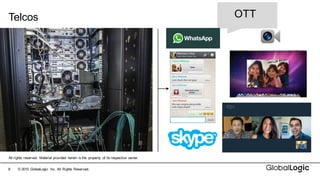 8
OTTTelcos
©  2015   GlobalLogic Inc.  All  Rights  Reserved.
Image:  conventional  switches,
Antennas,  heavy  infrastructure
Of  Telcos
All  rights  reserved.   Material  provided   herein  is  the   property   of  its  respective   owner
 