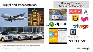 9
Travel  and  transportation
©  2015   GlobalLogic Inc.  All  Rights  Reserved.
All  rights  reserved.   Material  provided   herein  is  the   property   of  its  respective   owner
Sharing  Economy
Access  not  Ownership
 