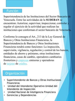 Función
Organización
Superintendencia de las Instituciones del Sector Bancario de
Venezuela. Entre las actividades de la SUDEBAN se
encuentran: Autorizar, supervisar, inspeccionar, controlar y
regular el ejercicio de la actividad que realizan las
instituciones que conforman el sector bancario de Venezuela,
Conforme lo consagra el Art., 213 de la Ley General de
Bancos y Otras Instituciones Financieras, la
Superintendencia de Bancos y Otras Instituciones
Financieras tendrá como funciones: La inspección,
supervisión, vigilancia, regulación y control de los bancos,
entidades de ahorro y préstamo, otras instituciones
financieras, casas de cambio, operadores cambiarios
fronterizos y empresas emisoras y operadoras
de tarjetas de crédito.
• Superintendente de Bancos y Otras Instituciones
Financieras
• Unidad del Intendente Operativo Unidad del
Intendente de Inspección
• Unidad Nacional de Inteligencia Financiera
• Gerencias y Dependencias
 