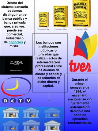 Dentro del
sistema bancario
podemos
distinguir entre
banca pública y
banca privada
que, a su vez,
puede ser
comercial,
industrial o
de negocios y
mixta.
Los bancos son
instituciones
públicas o
privadas que
realizan actos de
intermediación
profesional entre
los dueños de
dinero y capital y
los usuarios de
dicho dinero y
capital.
 