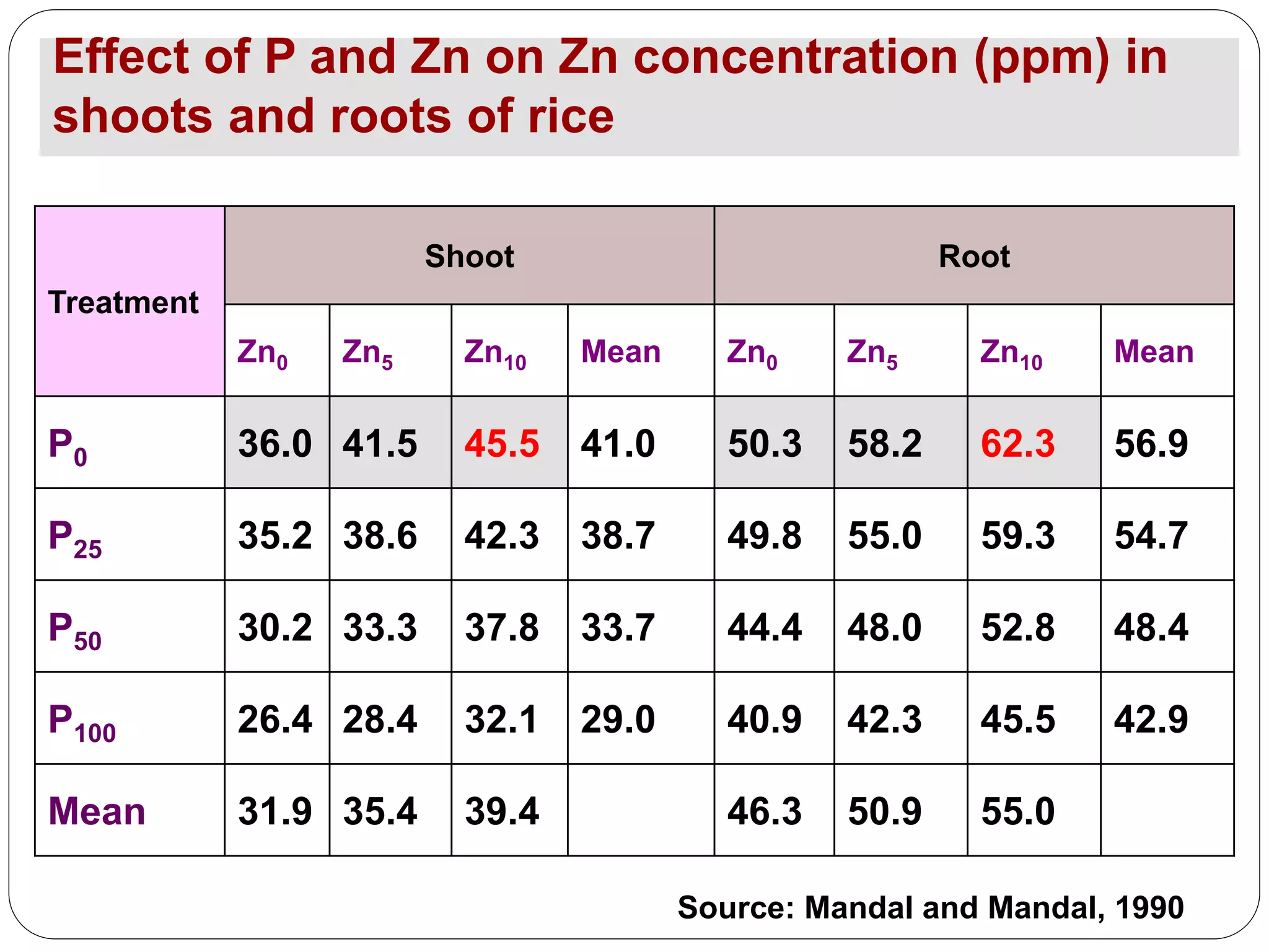 Effect of P and Zn on Zn concentration (ppm) in
shoots and roots of rice
Treatment
Shoot Root
Zn0 Zn5 Zn10 Mean Zn0 Zn5 Zn10 Mean
P0 36.0 41.5 45.5 41.0 50.3 58.2 62.3 56.9
P25 35.2 38.6 42.3 38.7 49.8 55.0 59.3 54.7
P50 30.2 33.3 37.8 33.7 44.4 48.0 52.8 48.4
P100 26.4 28.4 32.1 29.0 40.9 42.3 45.5 42.9
Mean 31.9 35.4 39.4 46.3 50.9 55.0
Source: Mandal and Mandal, 1990
 