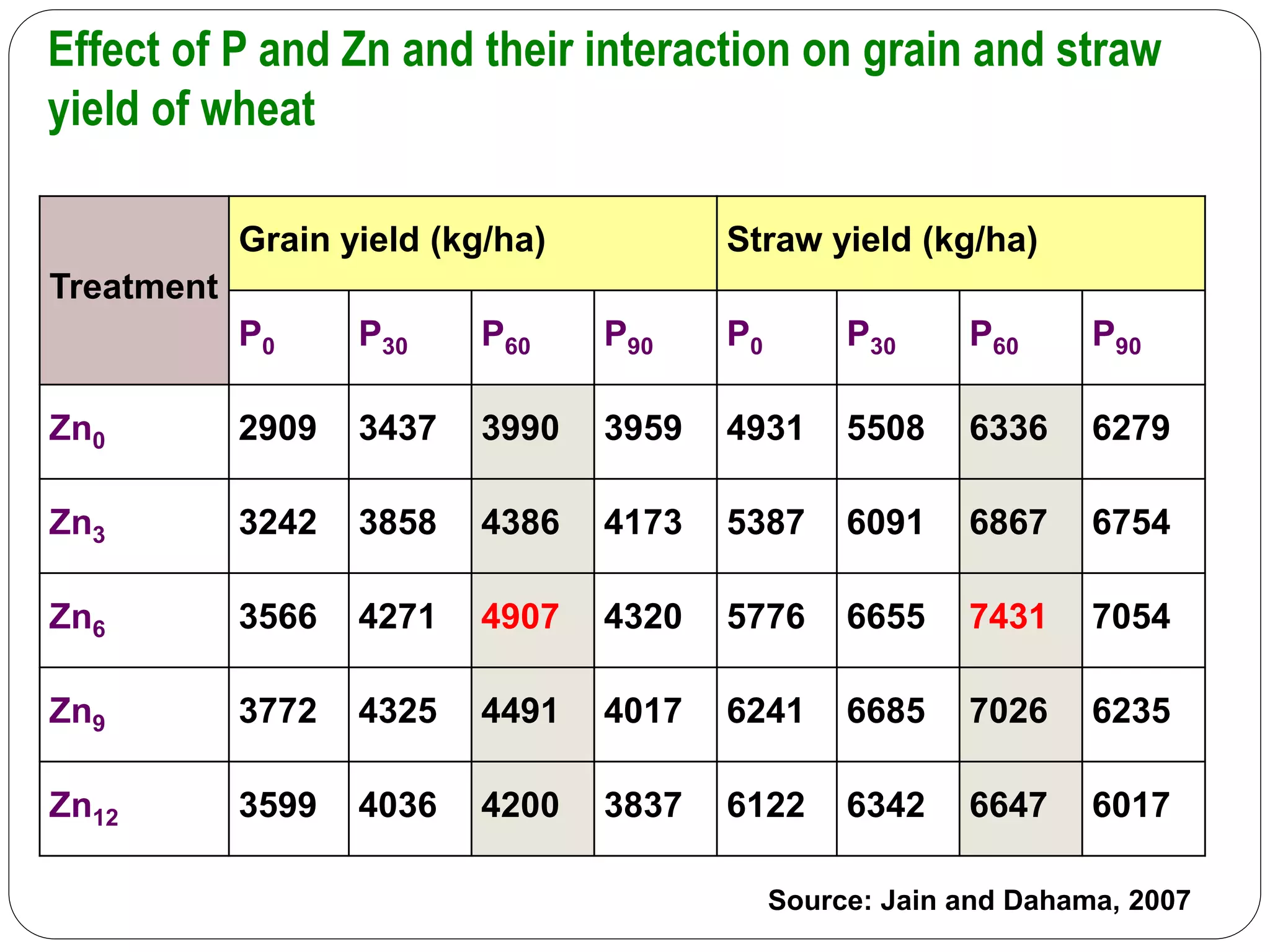 Effect of P and Zn and their interaction on grain and straw
yield of wheat
Treatment
Grain yield (kg/ha) Straw yield (kg/ha)
P0 P30 P60 P90 P0 P30 P60 P90
Zn0 2909 3437 3990 3959 4931 5508 6336 6279
Zn3 3242 3858 4386 4173 5387 6091 6867 6754
Zn6 3566 4271 4907 4320 5776 6655 7431 7054
Zn9 3772 4325 4491 4017 6241 6685 7026 6235
Zn12 3599 4036 4200 3837 6122 6342 6647 6017
Source: Jain and Dahama, 2007
 