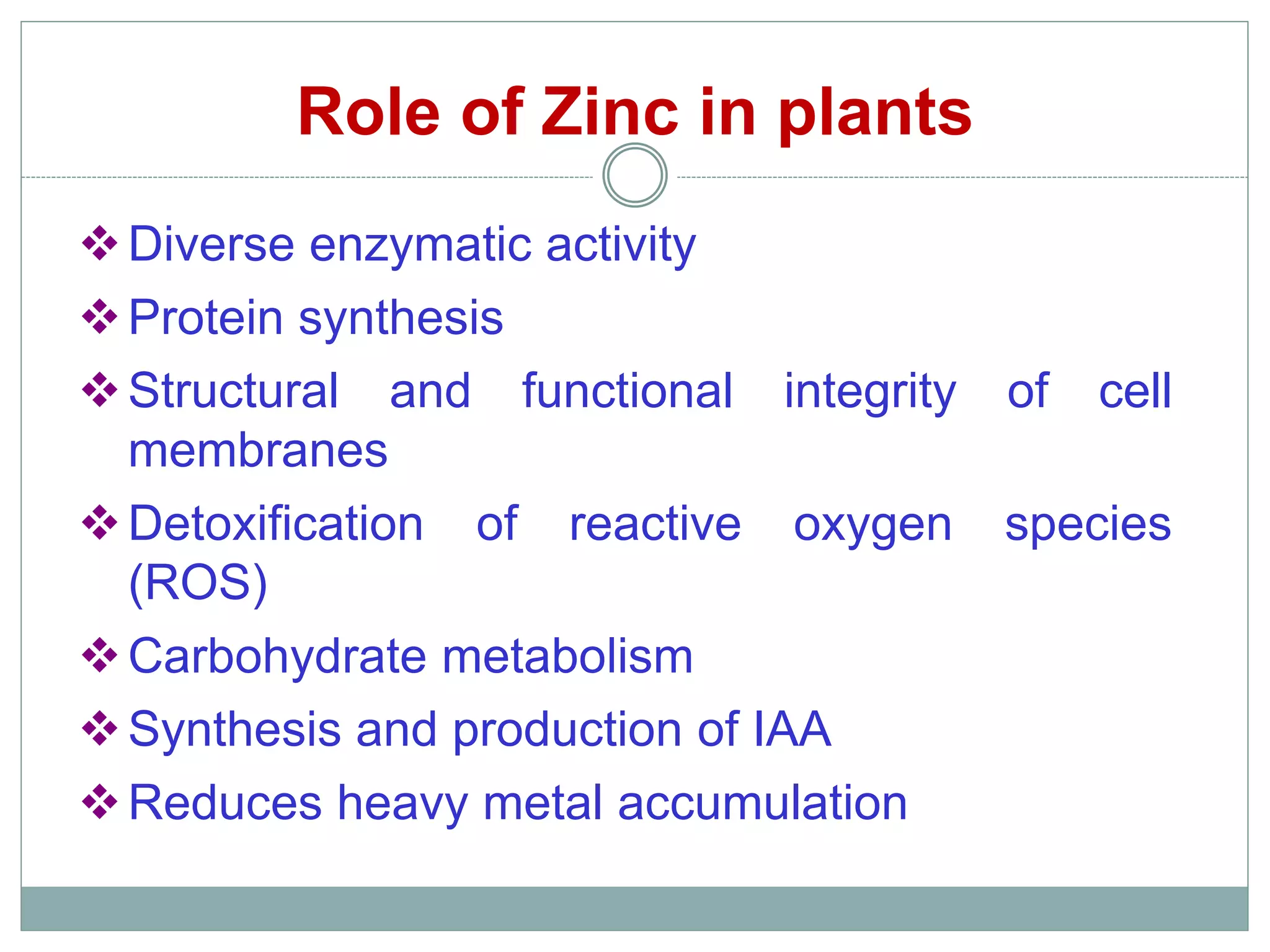 Role of Zinc in plants
Diverse enzymatic activity
Protein synthesis
Structural and functional integrity of cell
membranes
Detoxification of reactive oxygen species
(ROS)
Carbohydrate metabolism
Synthesis and production of IAA
Reduces heavy metal accumulation
 