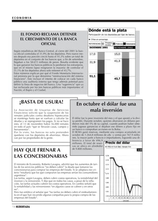 ECONOMIA




      EL FONDO RECLAMA DETENER
      EL CRECIMIENTO DE LA BANCA
                OFICIAL
 Según estadísticas del Banco Central, al cierre del 2001 la ban-
 ca oficial controlaba el 31,9% de los depósitos. Pero nueve me-
 ses después esa porción creció hasta el 41,3% sobre un total de
 depósitos en el conjunto de los bancos que, a fin de setiembre,
 llegaban a los 58.672 millones de pesos. Resulta evidente que
 lo que ganaron los bancos públicos lo perdieron los extranjeros,
 que en el mismo lapso resignaron la mayoría: de controlar el
 51,1% de los depósitos ahora solo retienen el 43,7%.
 Estos números explican por qué el Fondo Monetario Internacio-
 nal presiona por lo que denomina “reestructuración del sistema
 financiero”. Esto incluye el intento de colocar en cada banco
 público una auditoría externa que tenga además potestad para
 definir la línea de negocios del banco. Una “sugerencia” que ya
 fue rechazada por los tres bancos públicos más importantes: el
 Nación, el Bapro y el Ciudad.




      ¡BASTA DE USURA!                                     En octubre el dólar fue una
 La Asociación de Usuarios de Servicios
 Financieros solicitó que la suspensión de los
                                                                 mala inversión
 remates judiciales contra deudores hipotecarios
 se mantenga hasta que se vuelvan a calcular las        El dólar fue la peor inversión del mes y el que apostó a la divi-
 deudas y se reprogramen los pagos. Si no se hace       sa perdió. Durante octubre, quienes ahorraron en dólares per-
 esto, el 13 de noviembre habrá 56.000 remates          dieron más del 5% de su capital, cuando podrían haber obte-
 en todo el país “que se llevarán casas, campos y       nido jugosas ganancias si dejaban ese dinero a plazo fijo en
 herramientas”.                                         un banco o compraban acciones en la Bolsa.
 Por lo visto, los bancos no solo pretenden             El BCRA ganó reservas, mediante una compra acumulada en
 quedarse con los depósitos de ahorristas. Ahora        octubre de 1.264,8 millones de u$s y ventas por 767,9 millo-
 van por las propiedades de la gente.                   nes, la mayor parte a bancos e importadores, logrando una di-
                                                        ferencia a favor de 496,9
                                                        millones. El total de reser-
                                                        vas se ubica en alrededor
                                                        de 9.800 millones.
 HAY QUE FRENAR A
 LAS CONCESIONARIAS
 El ministro de Economía, Roberto Lavagna, advirtió que los aumentos de tari-
 fas de los servicios públicos “no deben cubrir” la deuda que tomaron las
 concesionarias para comprar las empresas del Estado. Si se adoptara ese cri-
 terio “resultaría que los que compraron las empresas serían los consumidores
 argentinos”.
 Las tarifas, según Lavagna, deben cubrir costos operativos, la rentabilidad del
 inversor y la reinversión. Y dijo que en todos los casos, a pesar de la infla-
 ción, las tarifas actuales cubren los costos operativos. En cambio señaló que
 la rentabilidad y las reinversiones “en algunos casos se cubren y en otros
 no”.
 Pero fue enfático al señalar que “las tarifas no deben cubrir el endeudamien-
 to en el que han incurrido algunas compañías para la propia compra de las
 empresas del Estado”.


14 SUDESTADA
 
