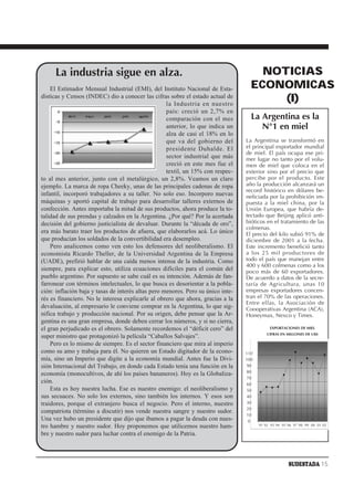 La industria sigue en alza.                                                      NOTICIAS
    El Estimador Mensual Industrial (EMI), del Instituto Nacional de Esta-          ECONOMICAS
dísticas y Censos (INDEC) dio a conocer las cifras sobre el estado actual de
                                                    la Industria en nuestro
                                                                                         (I)
                                                    país: creció un 2,7% en
                                                    comparación con el mes          La Argentina es la
                                                    anterior, lo que indica un         N°1 en miel
                                                    alza de casi el 18% en lo
                                                    que va del gobierno del       La Argentina se transformó en
                                                    presidente Duhalde. El        el principal exportador mundial
                                                                                  de miel. El país ocupa ese pri-
                                                    sector industrial que más     mer lugar no tanto por el volu-
                                                    creció en este mes fue el     men de miel que coloca en el
                                                    textil, un 15% con respec-    exterior sino por el precio que
to al mes anterior, junto con el metalúrgico, un 2,8%. Veamos un claro            percibe por el producto. Este
ejemplo. La marca de ropa Cheeky, unas de las principales cadenas de ropa         año la producción alcanzará un
                                                                                  record histórico en dólares be-
infantil, incorporó trabajadores a su taller. No solo eso. Incorporo nuevas       neficiada por la prohibición im-
máquinas y aportó capital de trabajo para desarrollar talleres externos de        puesta a la miel china, por la
confección. Antes importaba la mitad de sus productos, ahora produce la to-       Unión Europea, que habría de-
talidad de sus prendas y calzados en la Argentina. ¿Por qué? Por la acertada      tectado que Beijing aplicó anti-
decisión del gobierno justicialista de devaluar. Durante la “década de oro”,      bióticos en el tratamiento de las
                                                                                  colmenas.
era más barato traer los productos de afuera, que elaborarlos acá. Lo único       El precio del kilo subió 91% de
que producían los soldados de la convertibilidad era desempleo.                   diciembre de 2001 a la fecha.
    Pero analicemos como ven esto los defensores del neoliberalismo. El           Este incremento benefició tanto
economista Ricardo Theller, de la Universidad Argentina de la Empresa             a los 25 mil productores de
(UADE), prefirió hablar de una caída menos intensa de la industria. Como          todo el país que manejan entre
                                                                                  400 y 600 colmenas como a los
siempre, para explicar esto, utiliza ecuaciones difíciles para el común del       poco más de 60 exportadores.
pueblo argentino. Por supuesto se sabe cuál es su intención. Además de fan-       De acuerdo a datos de la secre-
farronear con términos intelectuales, lo que busca es desorientar a la pobla-     taría de Agricultura, unas 10
ción: inflación baja y tasas de interés altas pero menores. Pero su único inte-   empresas exportadores concen-
rés es financiero. No le interesa explicarle al obrero que ahora, gracias a la    tran el 70% de las operaciones.
                                                                                  Entre ellas, la Asociación de
devaluación, al empresario le conviene comprar en la Argentina, lo que sig-       Coooperativas Argentina (ACA),
nifica trabajo y producción nacional. Por su origen, debe pensar que la Ar-       Honeymax, Nexco y Times.
gentina es una gran empresa, donde deben cerrar los números, y si no cierra,
el gran perjudicado es el obrero. Solamente recordemos el “déficit cero” del                 EXPORTACIONES DE MIEL
                                                                                            CIFRAS EN MILLONES DE U$S
super ministro que protagonizó la película “Caballos Salvajes”.
    Pero es lo mismo de siempre. Es el sector financiero que mira al imperio
como su amo y trabaja para él. No quieren un Estado digitador de la econo-        110
mía, sino un Imperio que digite a la economía mundial. Antes fue la Divi-         100
sión Internacional del Trabajo, en donde cada Estado tenía una función en la       90
                                                                                   80
economía (monocultivos, de ahí los países bananeros). Hoy es la Globaliza-
                                                                                   70
ción.                                                                              60
    Esta es hoy nuestra lucha. Ese es nuestro enemigo: el neoliberalismo y         50
sus secuaces. No solo los externos, sino también los internos. Y esos son          40
traidores, porque el extranjero busca el negocio. Pero el interno, nuestro         30
                                                                                   20
compatriota (término a discutir) nos vende nuestra sangre y nuestro sudor.
                                                                                   10
Una vez hubo un presidente que dijo que íbamos a pagar la deuda con nues-          0
tro hambre y nuestro sudor. Hoy proponemos que utilicemos nuestro ham-                  91 92 93 94 95 96 97 98 99 00 01 02

bre y nuestro sudor para luchar contra el enemigo de la Patria.



                                                                                                       SUDESTADA 15
 