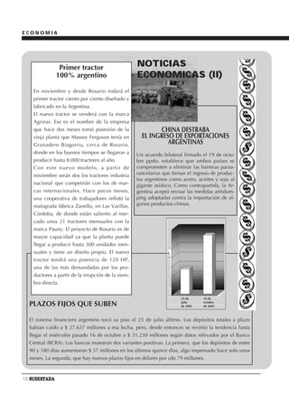 ECONOMIA




                Primer tractor                      NOTICIAS
               100% argentino                       ECONOMICAS (II)
    En noviembre y desde Rosario rodará el
    primer tractor ciento por ciento diseñado y
    fabricado en la Argentina.
    El nuevo tractor se venderá con la marca
    Agrinar. Ese es el nombre de la empresa
    que hace dos meses tomó posesión de la                  CHINA DESTRABA
    vieja planta que Massey Ferguson tenía en         EL INGRESO DE EXPORTACIONES
    Granadero Biagorria, cerca de Rosario,                     ARGENTINAS
    donde en los buenos tiempos se llegaron a       Un acuerdo bilateral firmado el 19 de octu-
    producir hasta 8.000 tractores al año.          bre ppdo. establece que ambos países se
    Con este nuevo modelo, a partir de              comprometen a eliminar las barreras paraa-
    noviembre serán dos los tractores industria     rancelarias que frenan el ingreso de produc-
                                                    tos argentinos como acero, aceites y soja al
    nacional que competirán con los de mar-         gigante asiático. Como contrapartida, la Ar-
    cas internacionales. Hace pocos meses,          gentina aceptó revisar las medidas antidum-
    una cooperativa de trabajadores reflotó la      ping adoptadas contra la importación de al-
    malograda fábrica Zanello, en Las Varillas,     gunos productos chinos.
    Córdoba, de donde están saliento al mer-
    cado unos 21 tractores mensuales con la
    marca Pauny. El proyecto de Rosario es de
    mayor capacidad ya que la planta puede
    llegar a producir hasta 300 unidades men-
    suales y tiene un diseño propio. El nuevo
    tractor tendrá una potencia de 120 HP,
    una de las más demandadas por los pro-
    ductores a partir de la irrupción de la siem-
    bra directa.

                                                                        25 de     16 de

  PLAZOS FIJOS QUE SUBEN                                                julio
                                                                        de 2002
                                                                                  octubre
                                                                                  de 2002



  El sistema financiero argentino tocó su piso el 25 de julio último. Los depósitos totales a plazo
  habían caído a $ 27.637 millones a esa fecha, pero, desde entonces se revirtió la tendencia hasta
  llegar el miércoles pasado 16 de octubre a $ 31.230 millones según datos relevados por el Banco
  Central (BCRA). Los bancos muestran dos variantes positivas. La primera, que los depósitos de entre
  90 y 180 días aumentaron $ 57 millones en los últimos quince días, algo impensado hace solo unos
  meses. La segunda, que hay nuevos plazos fijos en dólares por u$s 79 millones.



18 SUDESTADA
 