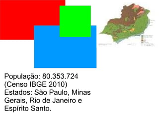 População: 80.353.724
(Censo IBGE 2010)
Estados: São Paulo, Minas
Gerais, Rio de Janeiro e
Espírito Santo.
 