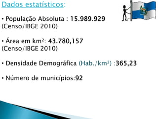 Dados estatísticos:
• População Absoluta : 15.989.929
(Censo/IBGE 2010)

• Área em km²: 43.780,157
(Censo/IBGE 2010)

• Densidade Demográfica (Hab./km²) :365,23

• Número de municípios:92
 