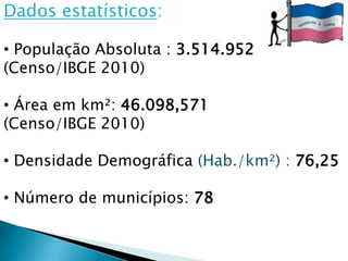 Dados estatísticos:

• População Absoluta : 3.514.952
(Censo/IBGE 2010)

• Área em km²: 46.098,571
(Censo/IBGE 2010)

• Densidade Demográfica (Hab./km²) : 76,25

• Número de municípios: 78
 