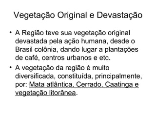 Vegetação Original e Devastação
• A Região teve sua vegetação original
devastada pela ação humana, desde o
Brasil colônia, dando lugar a plantações
de café, centros urbanos e etc.
• A vegetação da região é muito
diversificada, constituída, principalmente,
por: Mata atlântica, Cerrado, Caatinga e
vegetação litorânea.
 