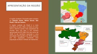 APRESENTAÇÃO DA REGIÃO
A região Sudeste é formada pelos estados
do Espírito Santo, Minas Gerais, São
Paulo e Rio de Janeiro.
A região sudeste do Brasil é a mais
populosa do país. Aliás, se fosse um país,
seria o décimo quinto mais populosos do
mundo. Isso nos leva a um número
aproximado de 927.286,2 Km (em torno de
10,85 % do território nacional) e uma
densidade demográfica de 94,01 pessoas
por Km quadrado. Contendo uma
população de 86,93 milhões de habitantes.
 