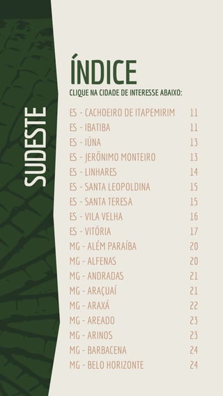 ES - CACHOEIRO DE ITAPEMIRIM 11
ES - IBATIBA 11
ES - IÚNA 13
ES - JERÔNIMO MONTEIRO 13
ES - LINHARES 14
ES - SANTA LEOPOLDINA 15
ES - SANTA TERESA 15
ES - VILA VELHA 16
ES - VITÓRIA 17
MG - ALÉM PARAÍBA 20
MG - ALFENAS 20
MG - ANDRADAS 21
MG - ARAÇUAÍ 21
MG - ARAXÁ 22
MG - AREADO 23
MG - ARINOS 23
MG - BARBACENA 24
MG - BELO HORIZONTE 24
ÍNDICE
SUDESTE
CLIQUE NA CIDADE DE INTERESSE ABAIXO:
 