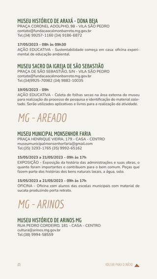 VOLTAR PARA O INÍCIO
23
MUSEU HISTÓRICO DE ARAXÁ - DONA BEJA
PRAÇA CORONEL ADOLPHO, 98 - VILA SÃO PEDRO
contato@fundacaocalmonbarreto.mg.gov.br
Tel:(34) 99257-1160 (34) 9186-6872
17/05/2023 - 08h às 09h30
AÇÃO EDUCATIVA - Sustentabilidade começa em casa: oficina experi-
mental de educação ambiental.
MUSEU SACRO DA IGREJA DE SÃO SEBASTIÃO
PRAÇA DE SÃO SEBASTIÃO, S/N - VILA SÃO PEDRO
contato@fundacaocalmonbarreto.mg.gov.br
Tel:(34)9925-70982 (34) 9882-10035
19/05/2023 - 09h
AÇÃO EDUCATIVA - Coleta de folhas secas na área externa do museu
para realização do processo de pesquisa e identificação do material cole-
tado. Serão utilizados aplicativos e livros para a realização da atividade.
MG-AREADO
MUSEU MUNICIPAL MONSENHOR FARIA
PRAÇA HENRIQUE VIEIRA, 179 - CASA - CENTRO
museumunicipalmonsenhorfaria@gmail.com
Tel:(35) 3293-1765 (35) 9992-65162
15/05/2023 a 21/05/2023 - 09h às 17h
EXPOSIÇÃO - Exposição da história das administrações e suas obras, o
quanto foram importantes e contribuem para o bem comum. Peças que
fazem parte das histórias dos bens naturais locais, a água, solo.
15/05/2023 a 21/05/2023 - 09h às 17h
OFICINA - Oficina com alunos das escolas municipais com material de
sucata produzindo porta retrato.
MG-ARINOS
MUSEU HISTÓRICO DE ARINOS MG
RUA PEDRO CORDEIRO, 181 - CASA - CENTRO
cultura@arinos.mg.gov.br
Tel:(38) 9994-58559
 