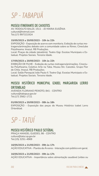 VOLTAR PARA O INÍCIO
232
SP-TABAPUÃ
MUSEU ITINERANTE DE CAIXOTES
AV. RODOLFO BALDI, 1511 - JD MARIA EUGÊNIA
culturat@hotmail.com
Tel:(17) 997321924
15/05/2023 a 20/05/2023 - 10h às 22h
EXPOSIÇÃO - Exposição de acervo com monitoria. Exibição de curtas me-
tragens/animações debate com a comunidade sobre os filmes. Cineclube
Polytheama. Imazul. RB Produções.
Local: Praças da cidade (aleatório). Teatro Gigi. Escolas Municipais e Es-
tadual. Projetos Sociais. Terceira Idade.
17/05/2023 a 20/05/2023 - 10h às 22h
EXIBIÇÃO DE FILME - Exibição de curtas metragens/animações. Cineclu-
be Polytheama. Coletivo Arte na Taba. Museu Itin. Caixotes. Grupo Flor
de Chita. Imazul. RB Produções.
Local: Salão Paroquial João Paulo II. Teatro Gigi. Escolas Municipais e Es-
tadual. Projetos Sociais. Terceira Idade.
MUSEU HISTÓRICO MUNICIPAL IZABEL MARGARIDA LERRO
ORTENBLAD
AVENIDA FLORIANO PEIXOTO, 841 - CENTRO
cultura@tabapua.gov.br
Tel:(17) 3562-1721
01/09/2023 a 20/09/2023 - 08h às 18h
EXPOSIÇÃO - Exposição das peças do Museu Histórico Izabel Lerro
Ortenblad.
SP-TATUÍ
MUSEU HISTÓRICO PAULO SETÚBAL
PRAÇA MANOEL GUEDES, 98 - CENTRO
cultura@tatui.sp.gov.br
Tel:(15) 3251-4969
16/05/2023 a 21/05/2023 - 09h às 17h
AÇÃO EDUCATIVA - Plantio de Árvores - Interação com público em geral.
16/05/2023 a 21/05/2023 - 09h às 17h
AÇÃO EDUCATIVA - Importância sobre alimentação saudável (vídeo ou
 