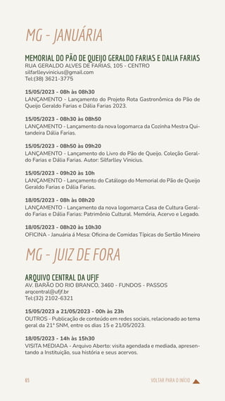VOLTAR PARA O INÍCIO
65
MG-JANUÁRIA
MEMORIAL DO PÃO DE QUEIJO GERALDO FARIAS E DALIA FARIAS
RUA GERALDO ALVES DE FARIAS, 105 - CENTRO
silfarlleyvinicius@gmail.com
Tel:(38) 3621-3775
15/05/2023 - 08h às 08h30
LANÇAMENTO - Lançamento do Projeto Rota Gastronômica do Pão de
Queijo Geraldo Farias e Dália Farias 2023.
15/05/2023 - 08h30 às 08h50
LANÇAMENTO - Lançamento da nova logomarca da Cozinha Mestra Qui-
tandeira Dália Farias.
15/05/2023 - 08h50 às 09h20
LANÇAMENTO - Lançamento do Livro do Pão de Queijo. Coleção Geral-
do Farias e Dália Farias. Autor: Silfarlley Vinicius.
15/05/2023 - 09h20 às 10h
LANÇAMENTO - Lançamento do Catálogo do Memorial do Pão de Queijo
Geraldo Farias e Dália Farias.
18/05/2023 - 08h às 08h20
LANÇAMENTO - Lançamento da nova logomarca Casa de Cultura Geral-
do Farias e Dália Farias: Patrimônio Cultural. Memória, Acervo e Legado.
18/05/2023 - 08h20 às 10h30
OFICINA - Januária á Mesa: Oficina de Comidas Típicas do Sertão Mineiro
MG-JUIZDEFORA
ARQUIVO CENTRAL DA UFJF
AV. BARÃO DO RIO BRANCO, 3460 - FUNDOS - PASSOS
arqcentral@ufjf.br
Tel:(32) 2102-6321
15/05/2023 a 21/05/2023 - 00h às 23h
OUTROS - Publicação de conteúdo em redes sociais, relacionado ao tema
geral da 21ª SNM, entre os dias 15 e 21/05/2023.
18/05/2023 - 14h às 15h30
VISITA MEDIADA - Arquivo Aberto: visita agendada e mediada, apresen-
tando a Instituição, sua história e seus acervos.
 